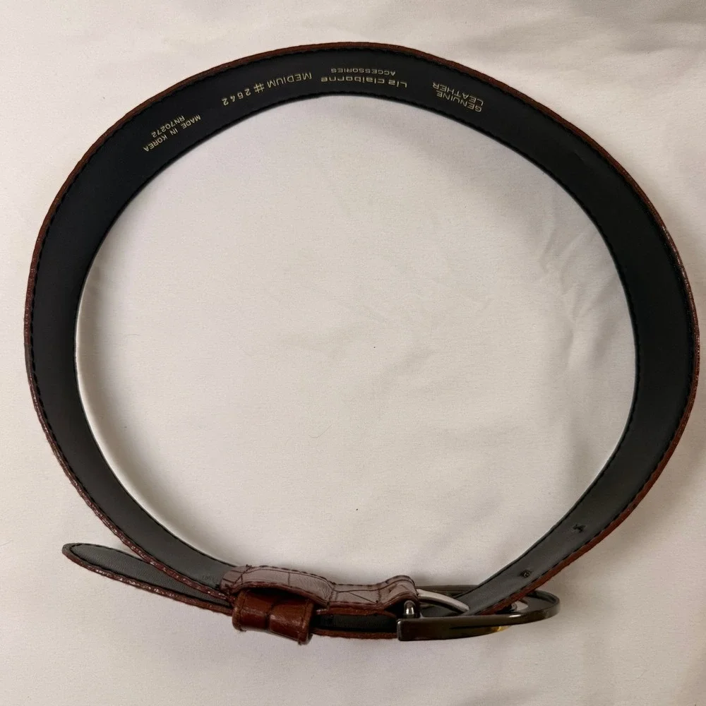Vintage Liz Claiborne Brown Croc Embossed Leather Belt Gold Crescent Buckle 2642